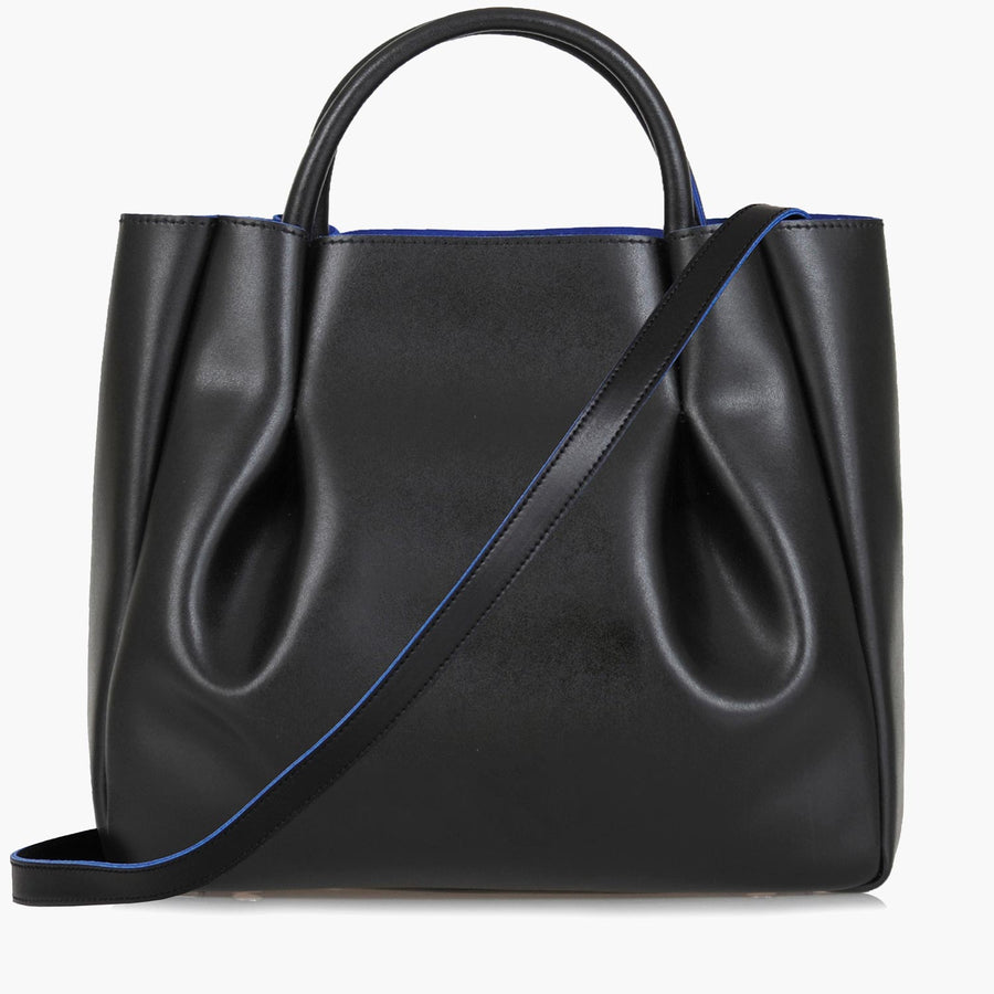 large black leather tote bag purse with shoulder strap