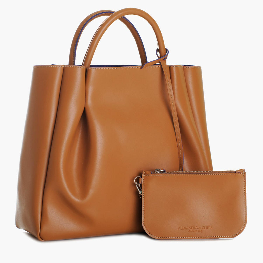 large tan cognac leather tote bag purse with pouch