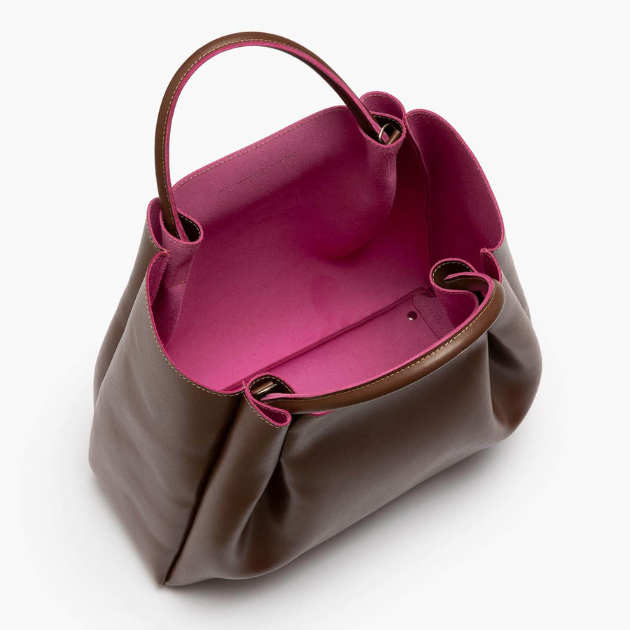 large chocolate brown leather tote bag purse with pink interior