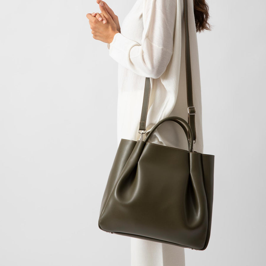 woman wearing Olive green Amalfi large leather tote bag purse
