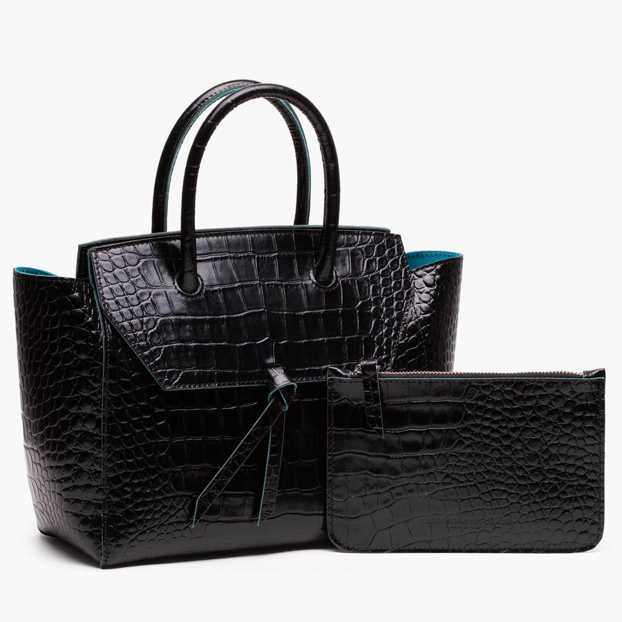 Loren Midi Leather Tote Bag - Black Croc Print