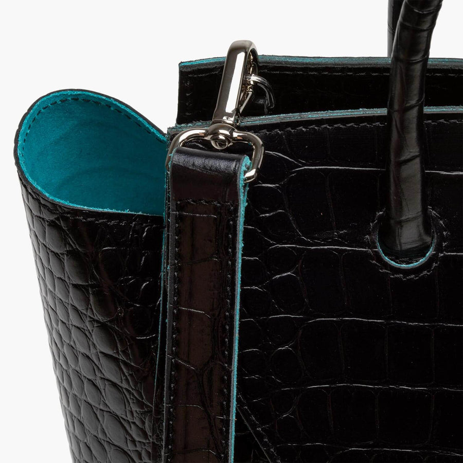 Loren Midi Leather Tote Bag - Black Croc Print