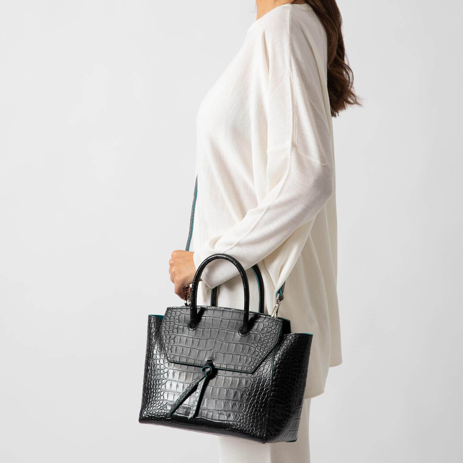 Black Leather-Look Midi Tote Bag