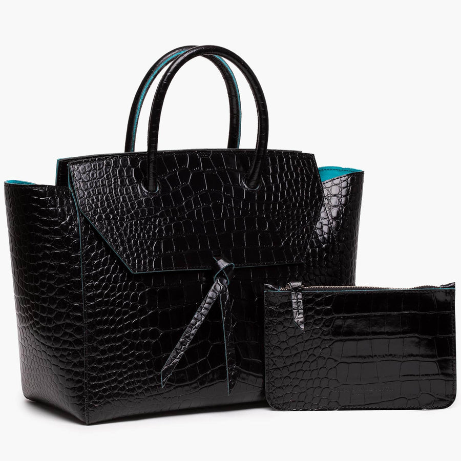 Loren Large Leather Tote Bag - Black Croc Print