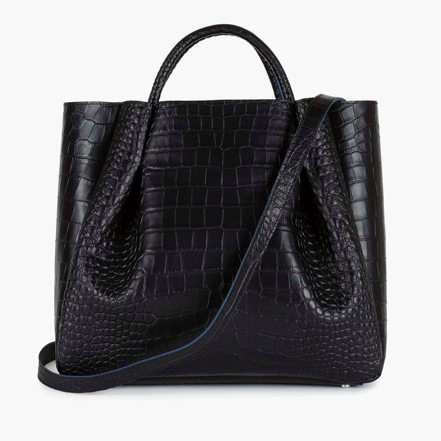 large black leather crocodile embossed print tote bag purse with shoulder strap