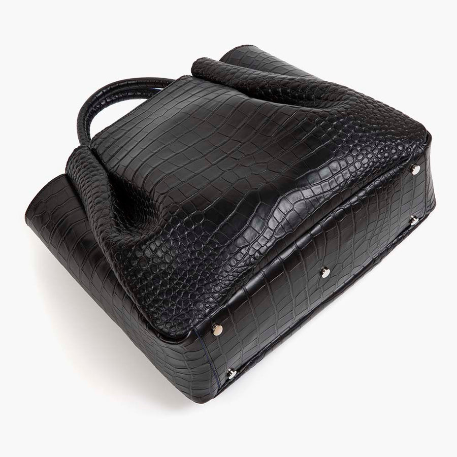 large black leather crocodile embossed print tote bag purse with metal feet