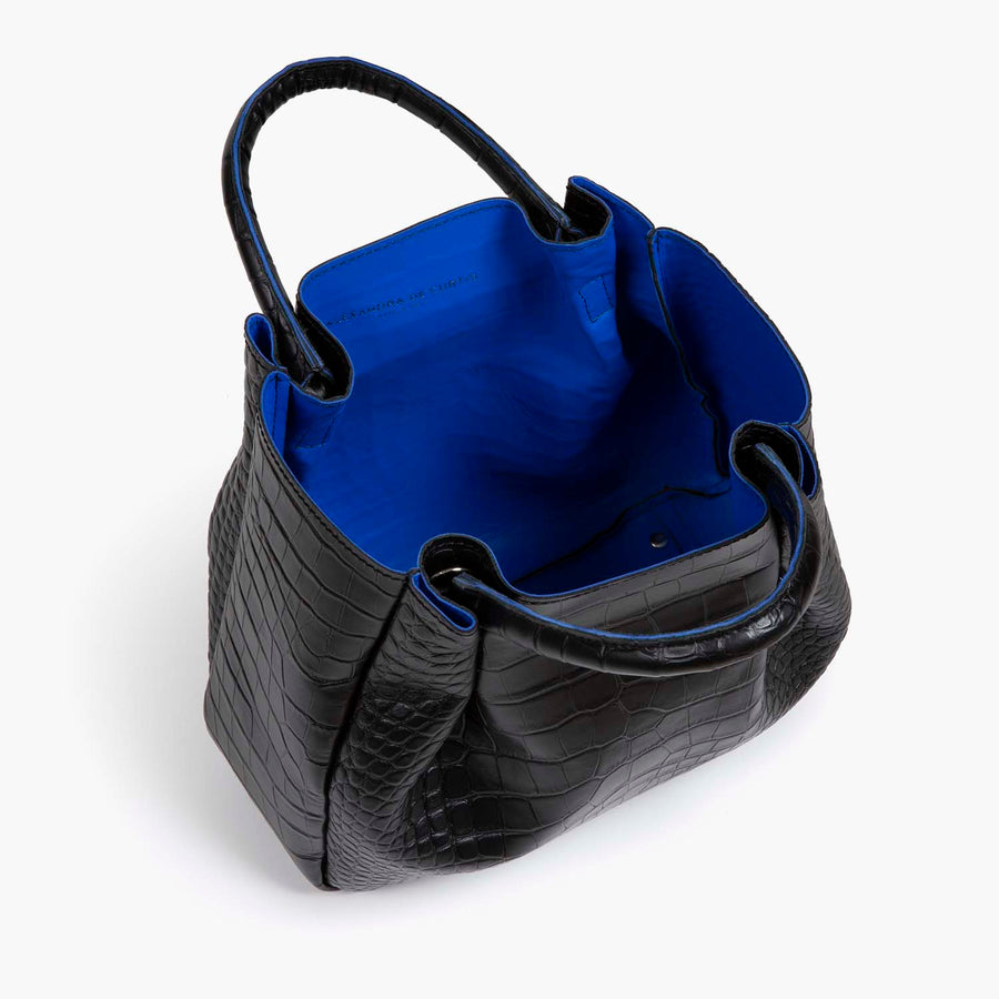 Amalfi Midi Leather Tote Bag - Black Croc Print