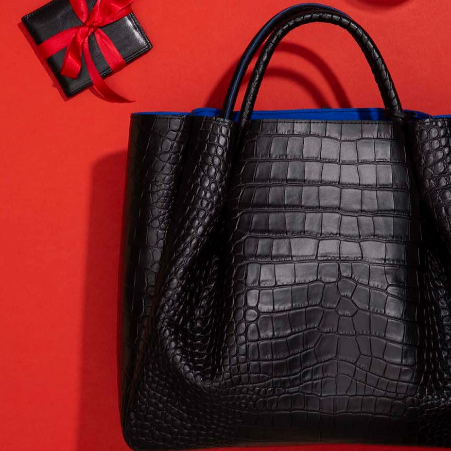 large black leather crocodile embossed print tote bag purse