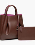 medium chocolate brown leather tote bag purse with leather pouch