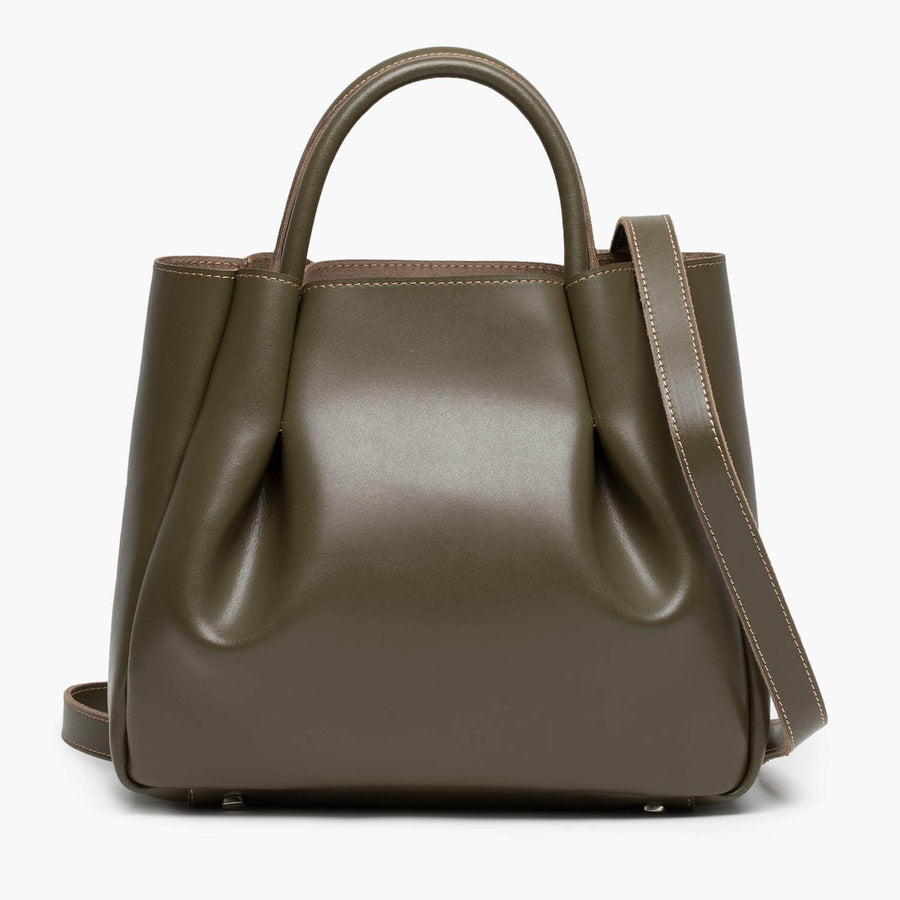 medium olive green leather tote bag purse with shoulder strap