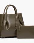 medium olive green leather tote bag purse with leather pouch