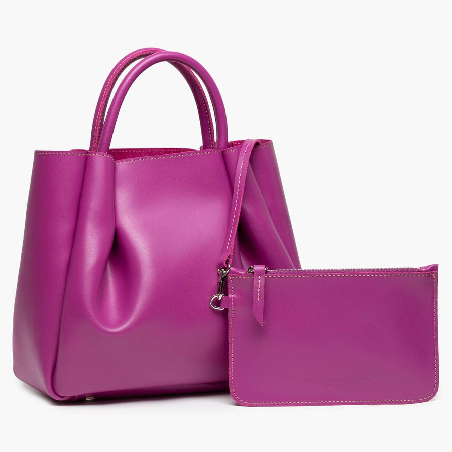 medium magenta pink leather tote bag purse with leather pouch
