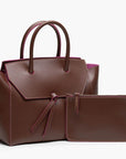 medium chocolate brown leather work tote bag purse with leather pouch