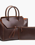 medium cocoa brown leather work tote bag purse with leather pouch