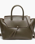 medium olive green leather work tote bag purse with shoulder strap