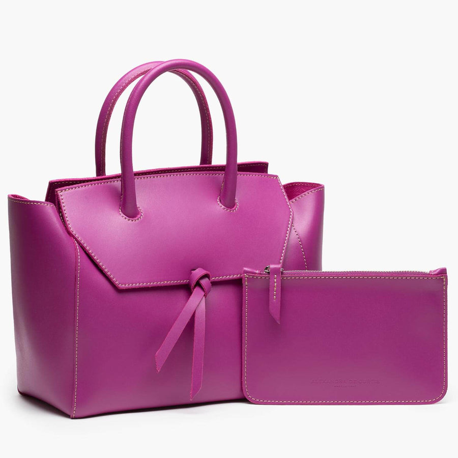 medium magenta pink leather work tote bag purse with leather pouch
