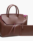 large chocolate brown leather work tote bag purse with leather pouch