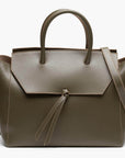 large olive green leather work tote bag purse with shoulder strap