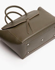 large olive green leather work tote bag purse with metal feet