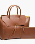 large saddle brown leather work tote bag purse with leather pouch
