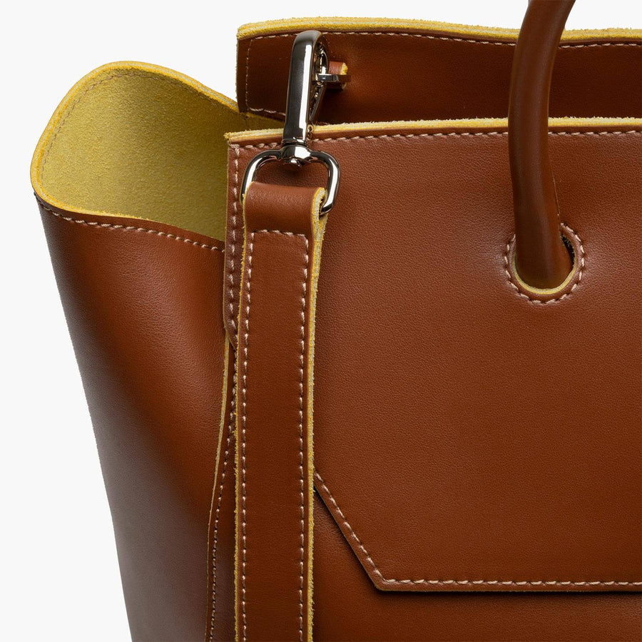 large saddle brown leather work tote bag purse with shoulder strap