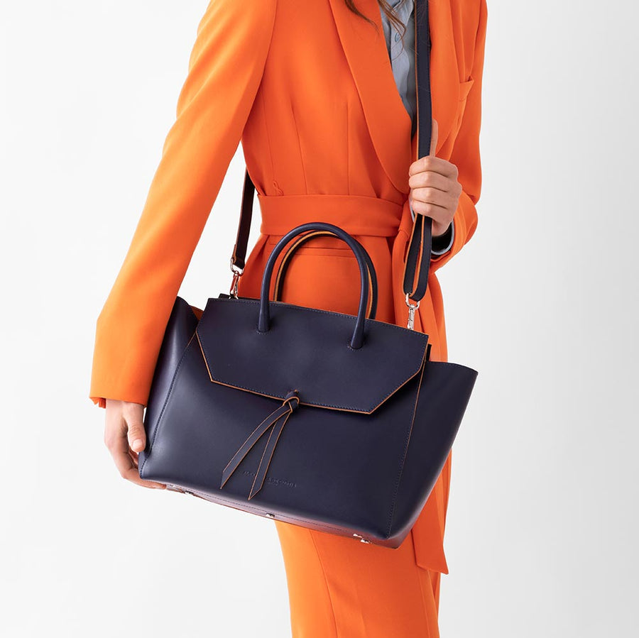 Large Navy Blue Leather Tote Bag