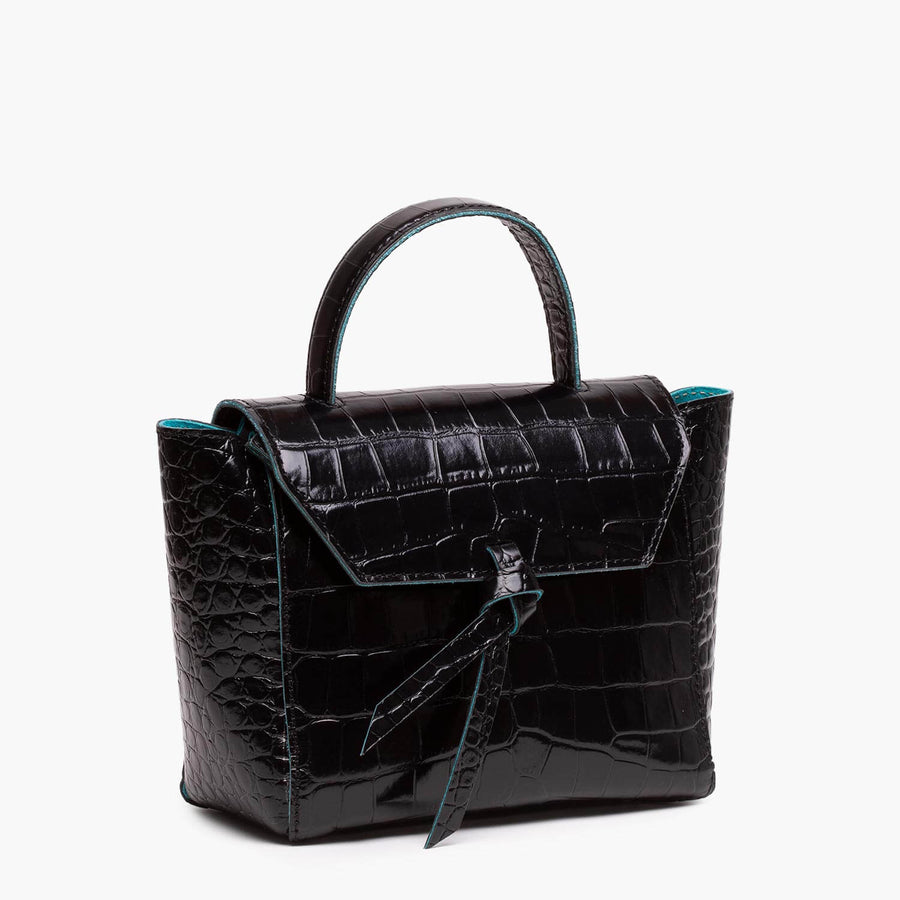 Siena Mini Leather Satchel Crossbody Bag - Black Croc Print
