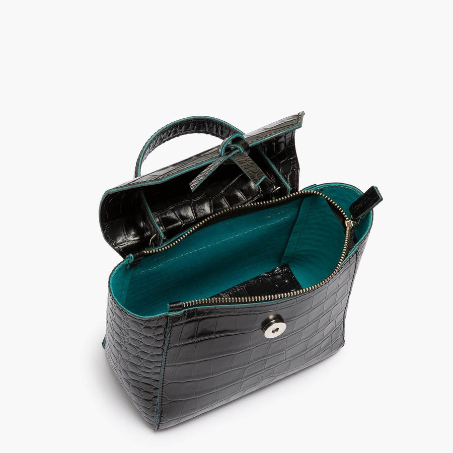 Siena Mini Leather Satchel Crossbody Bag - Black Croc Print