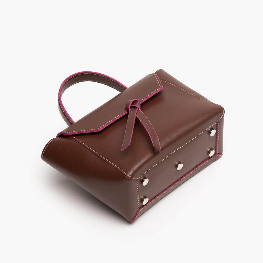 mini satchel bag chocolate brown leather purse with metal feet