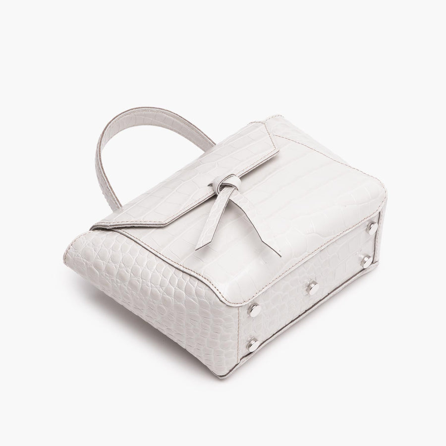 mini satchel bag cream white croc print leather crossbody purse with metal feet
