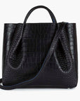 large black leather crocodile embossed print tote bag purse with shoulder strap