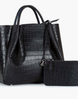 large black leather crocodile embossed print tote bag purse with leather pouch