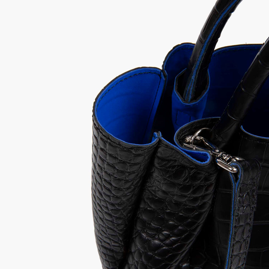 Amalfi Midi Leather Tote Bag - Black Croc Print