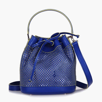 Bella Mini Leather Bucket Bag - Blue Perforated